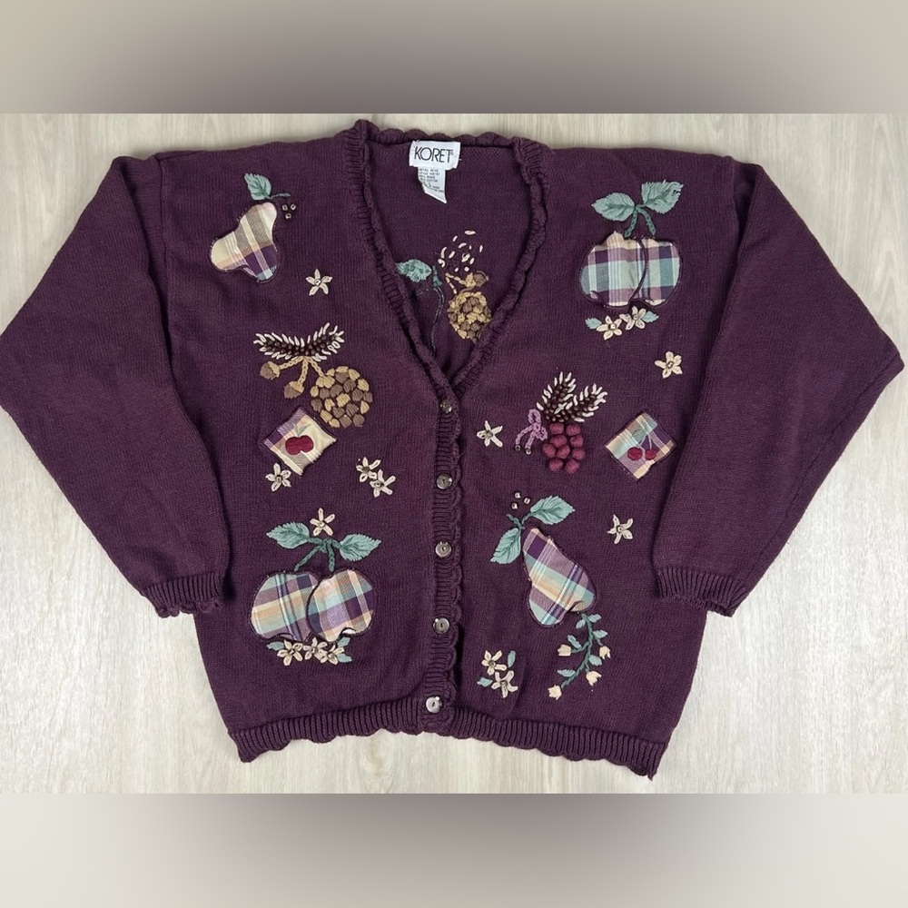 Vintage 90s Koret Womens Knit Fruit Embroidered Beaded Cardigan Sweater Large